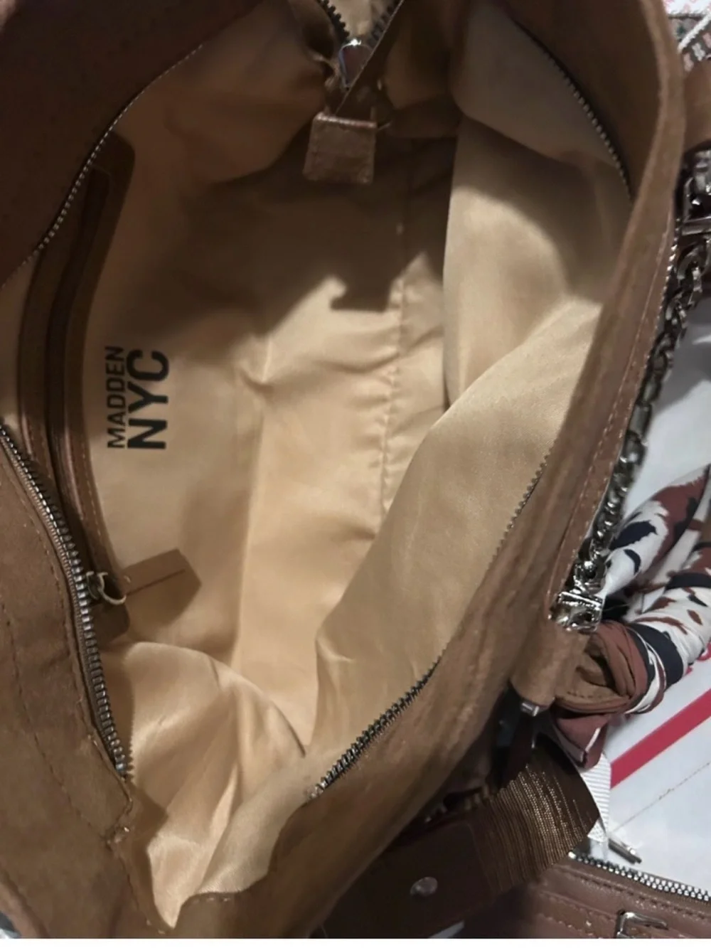 Steve Madden Brown Suede Satchel with Detachable Strap and Charm Accents